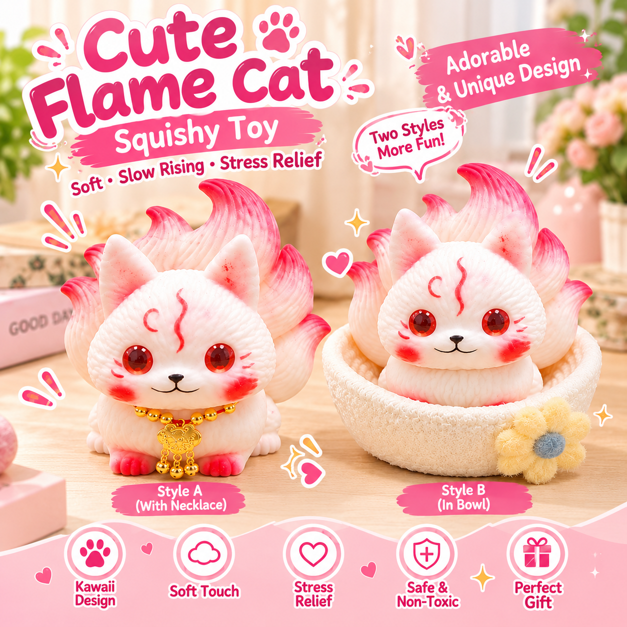 A pink flame cat squishy from Pufflune