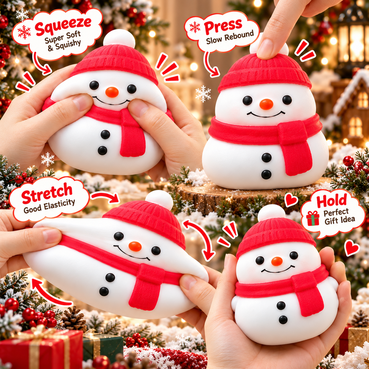 A real snowman squishy being squeezed by hand